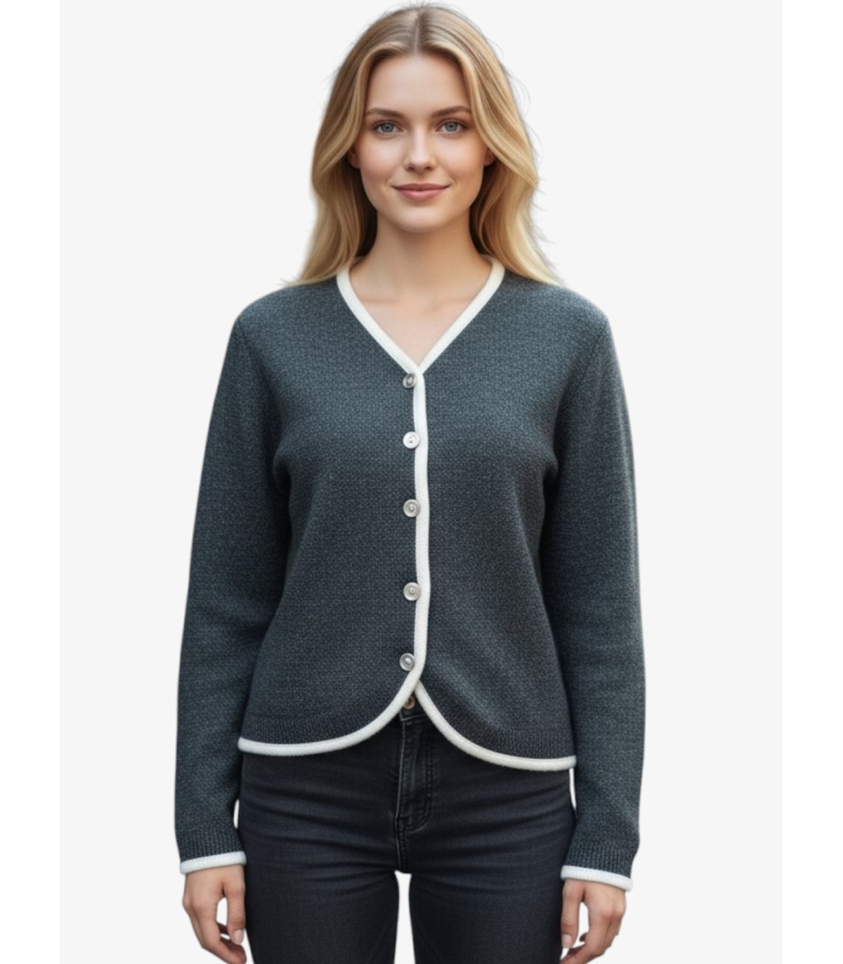 Compra marca CARDIGAN LINKS GRIS OSCURO CON CONTRASTES en Knitewearstor - Textiles Campillo